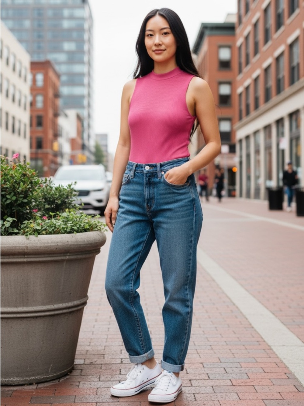 Sleeveless Ribbed Hot Pink Bodysuit - Fitted Crew Neck